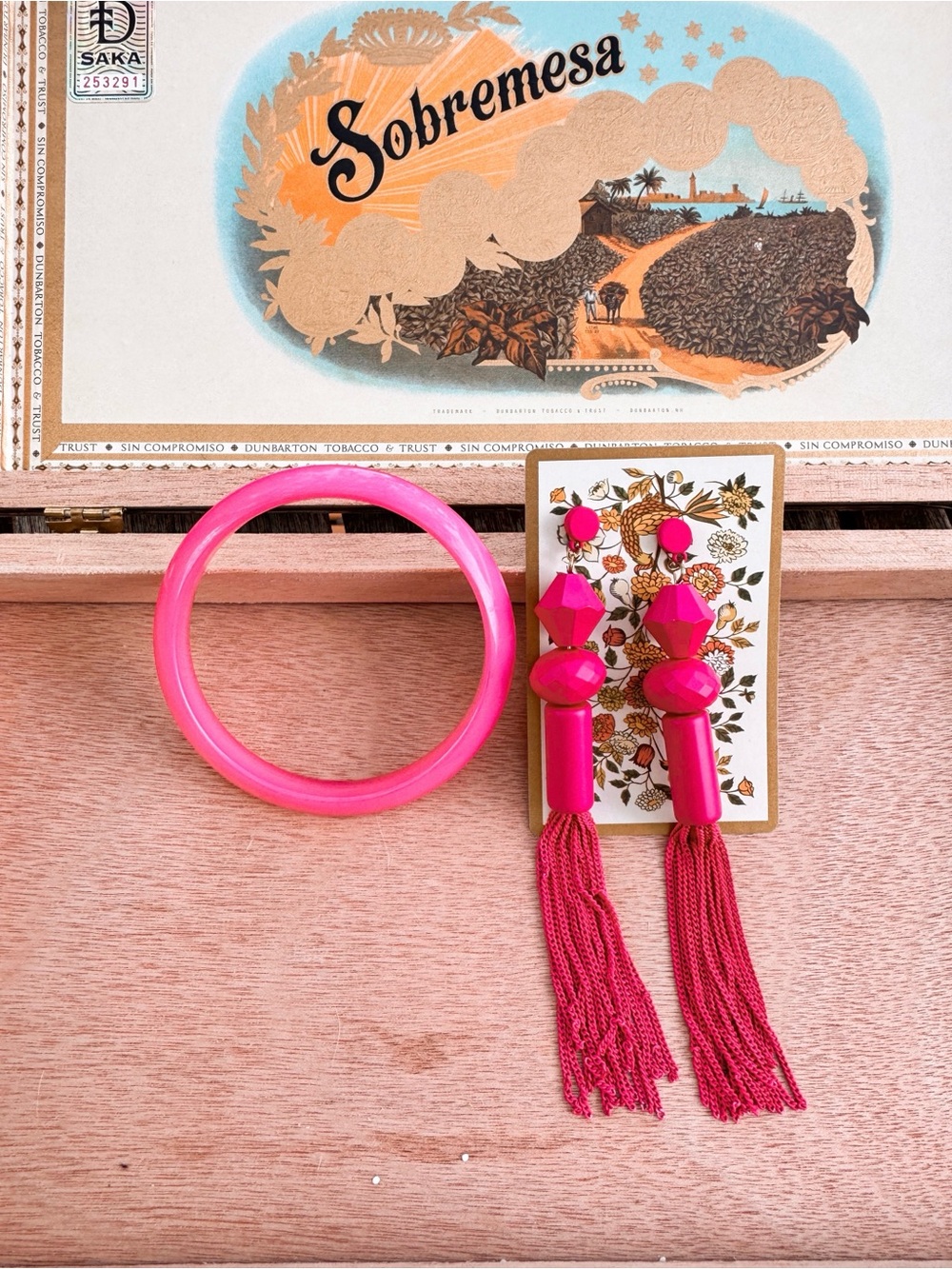 Vintage Earring and Bangle Bracelet Set- Pink
